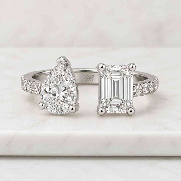 Toi Et Moi Engagement Ring, Emerald and Pear Lab Grown Diamond Ring