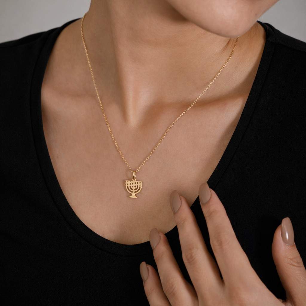 14K Gold Plated Sterling Silver Menorah Necklace, Handmade Jewish Jewelry
