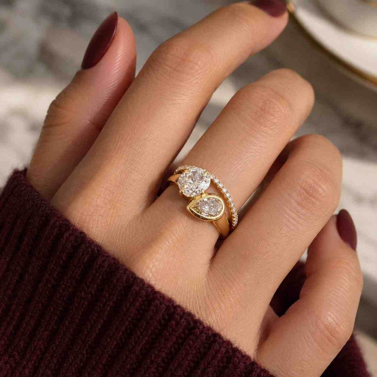 toi et moi engagement ring radiant and pear brilliant diamond proposal ring 