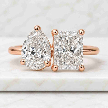 Toi Et Moi Engagement Ring, You and Me Lab Diamond Double Stone Ring, Two Lab Grown Diamond Ring, Pear & Radiant Cut Ring In 14K Solid Gold