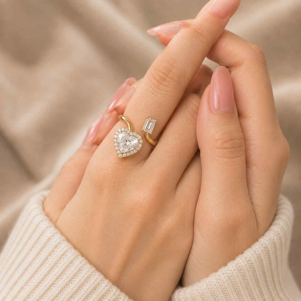 toi et moi lab diamond ring, heart emerald cut engagement ring, 4.10ct two stone
