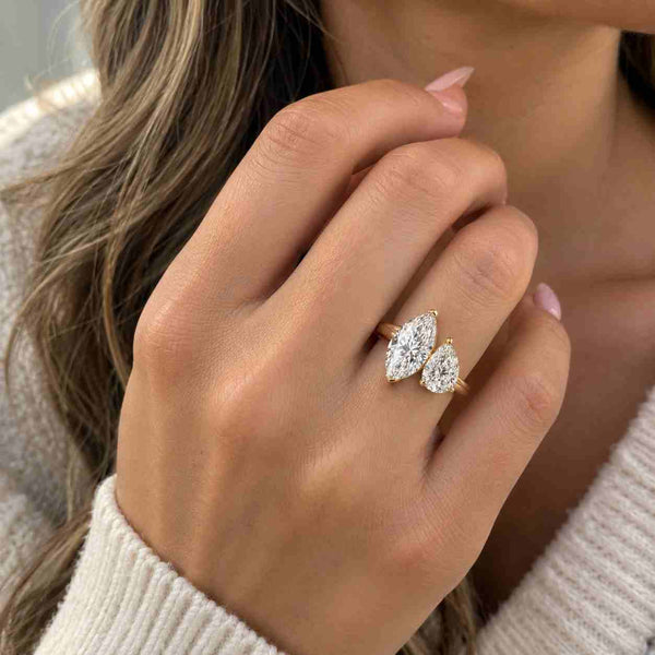 Toi Et Moi Marquise Pear Ring  Round Accent Moissanite Diamond Engagement Ring For Her