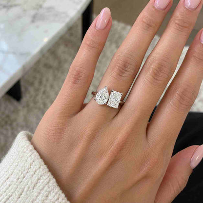 Toi Et Moi Moissanite Engagement Ring, Pear and Radiant Cut Lab Grown Diamond Ring, Unique Bridal Ring, Gold Wedding Ring