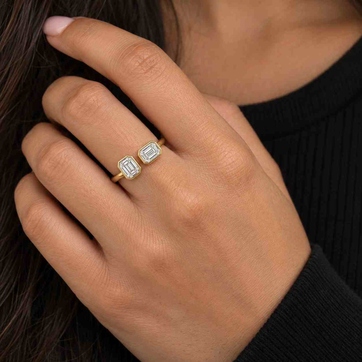 toi et moi pear emerald cut engagement ring, lab grown diamond bypass gold ring
