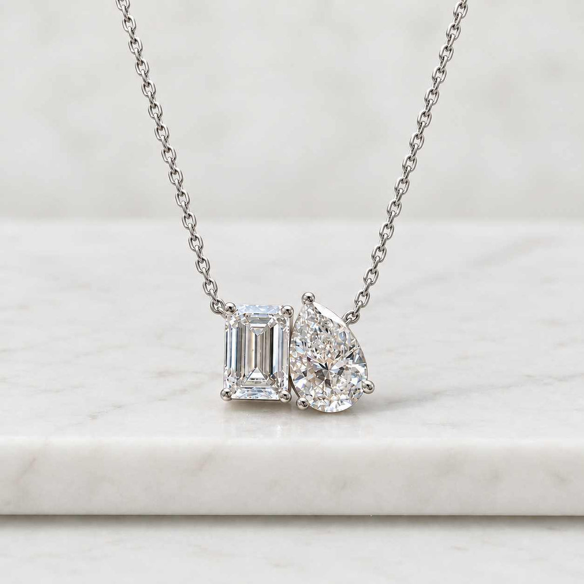 toi et moi pendant 14k solid gold cushion and oval cut lab grown diamond pendant, custom made to order
