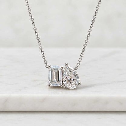 Toi Et Moi Pendant 14K Solid Gold Cushion and Oval Cut Lab Grown Diamond Pendant, Custom Made to Order
