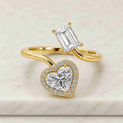Toi Et Moi Ring, Emerald & Pear Lab Grown Diamond Halo, Two Stone Ring
