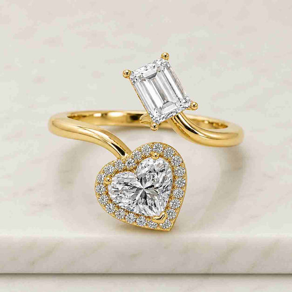 Toi Et Moi Ring, Emerald & Pear Lab Grown Diamond Halo, Two Stone Ring
