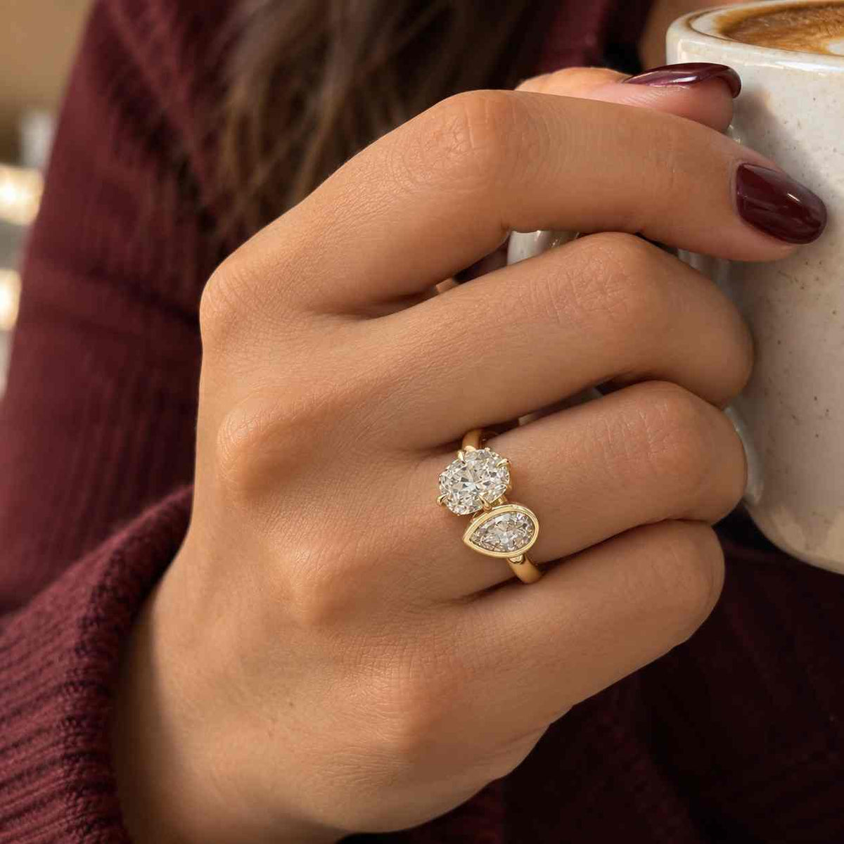 toi et moi ring lab grown diamond engagement ring princess and pear brilliant diamond ring