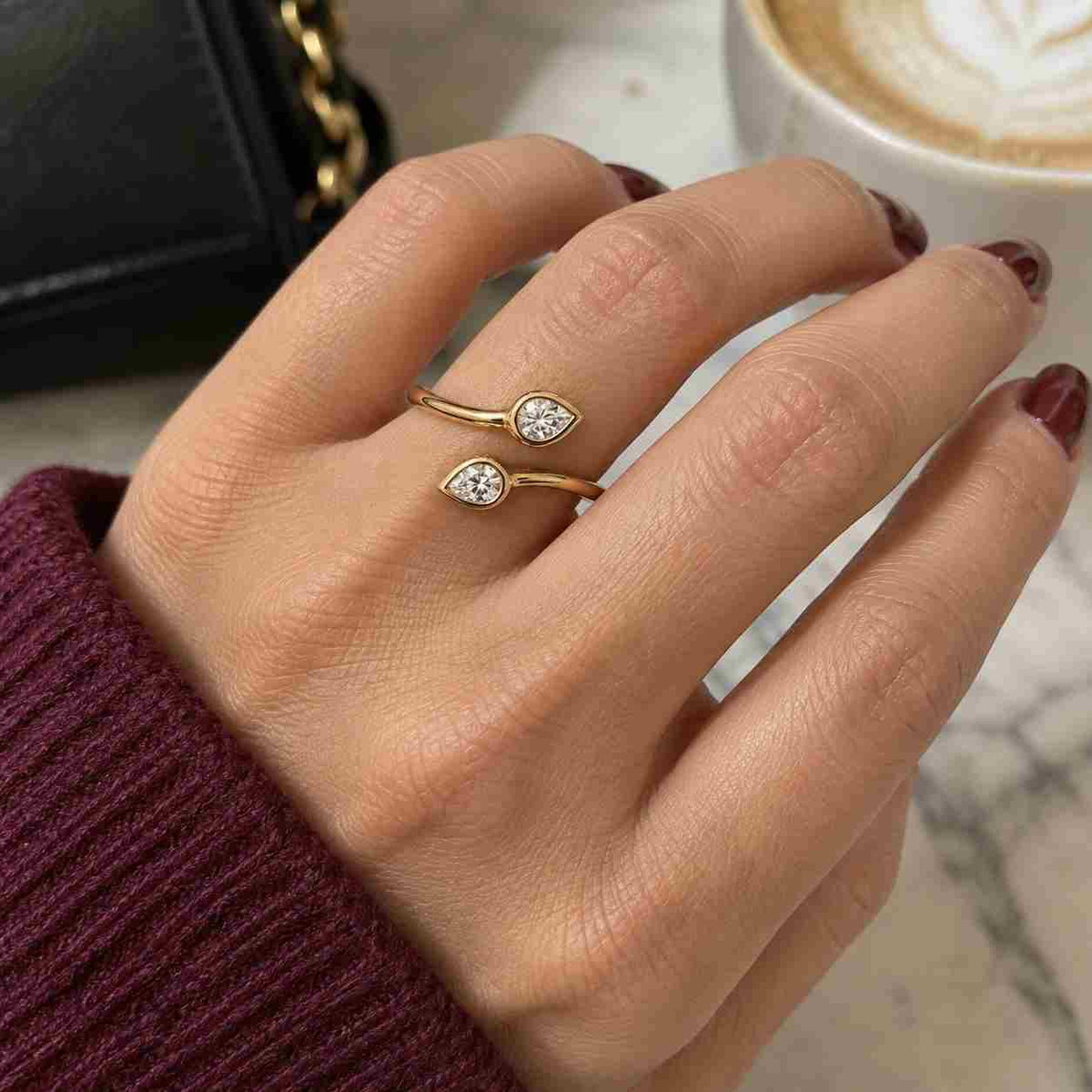 toi et moi ring  two pear cut diamond bypass ring  moissanite double stone ring  romantic engagement ring  gift for her