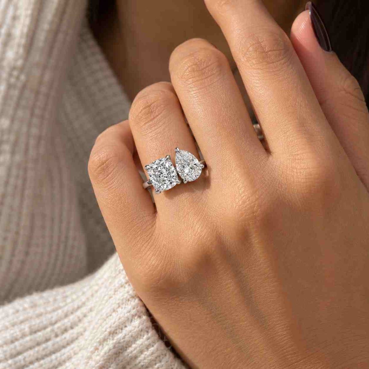 Toi et Moi Brown And White Pear Cut Engagement Ring, 14K Gold Lab Grown Diamond Engraved Bridal Ring