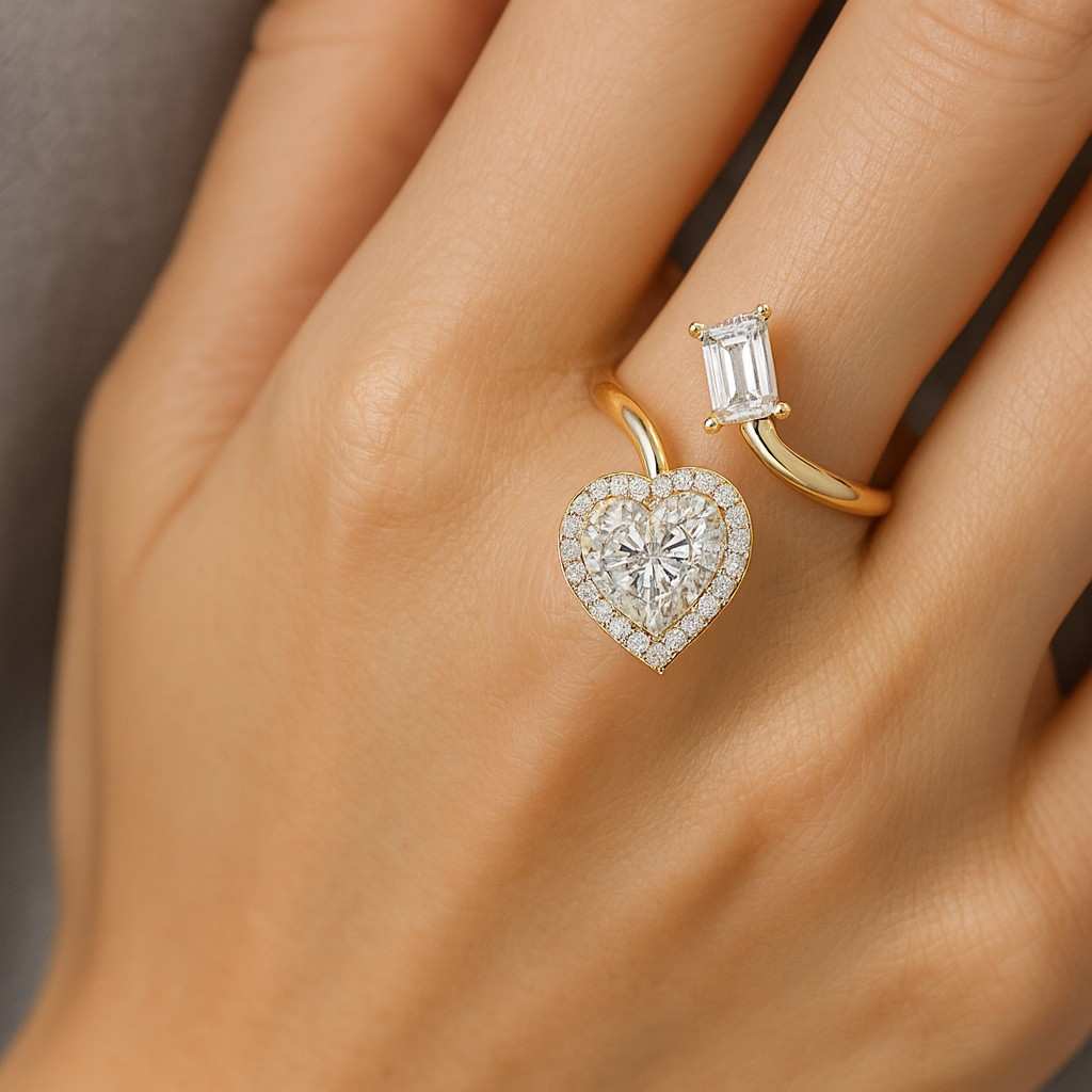toi et moi lab grown diamond bezel set heart emerald cut ring