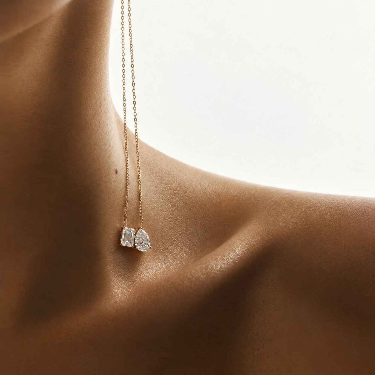 Toi et Moi Necklace, 14K Solid Gold Pear and Round Moissanite Two Stone Pendant Necklace, Valentine's Gift for Her, Anniversary Gifts
