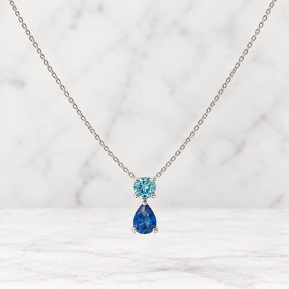 Toi et Moi Necklace, Oval Teal Sapphire and Pear Aquamarine Two Stone Pendant, Solid Gold You and Me Jewelry, Gift for Her
