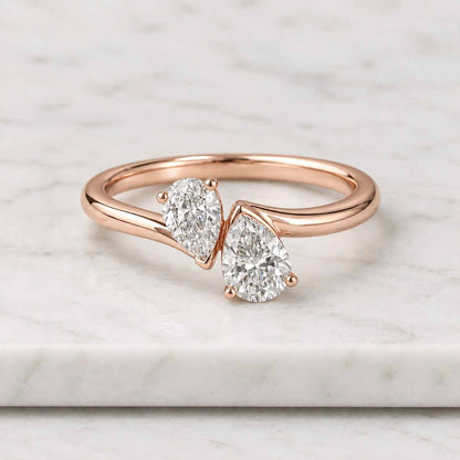 Toi et Moi Pear Cut Diamond Ring, Solid Gold Two Stone Promise Ring