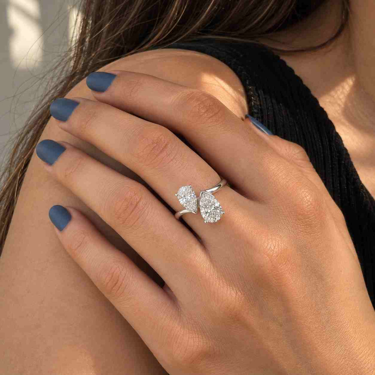 toi et moi pear cut lab diamond bypass ring, gold two stone engagement band