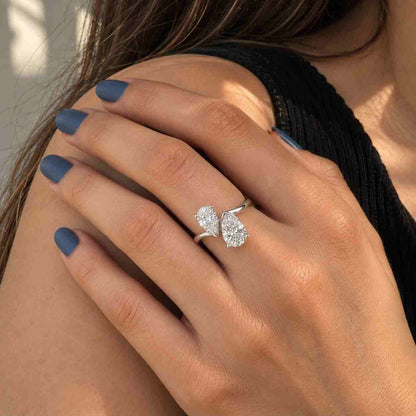 Toi et Moi Pear Cut Lab Diamond Bypass Ring, Gold Two Stone Engagement Band
