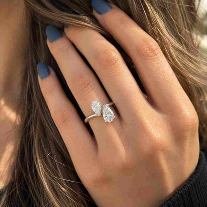 Toi et Moi Pear Lab Grown Diamond Ring, 14K Solid Gold Open Bypass Wave Style Curved Thick Band, IGI Certified Modern Double Stone Ring