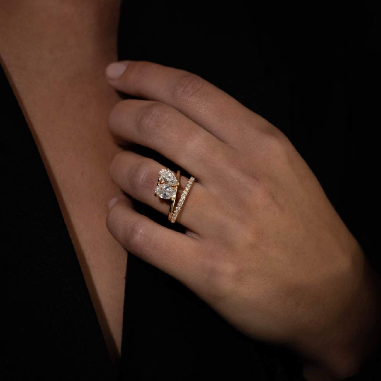 Toi et Moi Ring, 10k Yellow Gold Pear Shaped Moissanite Engagement Ring, Two Stone Promise Ring, Double Stone Wedding Ring with Plain Band