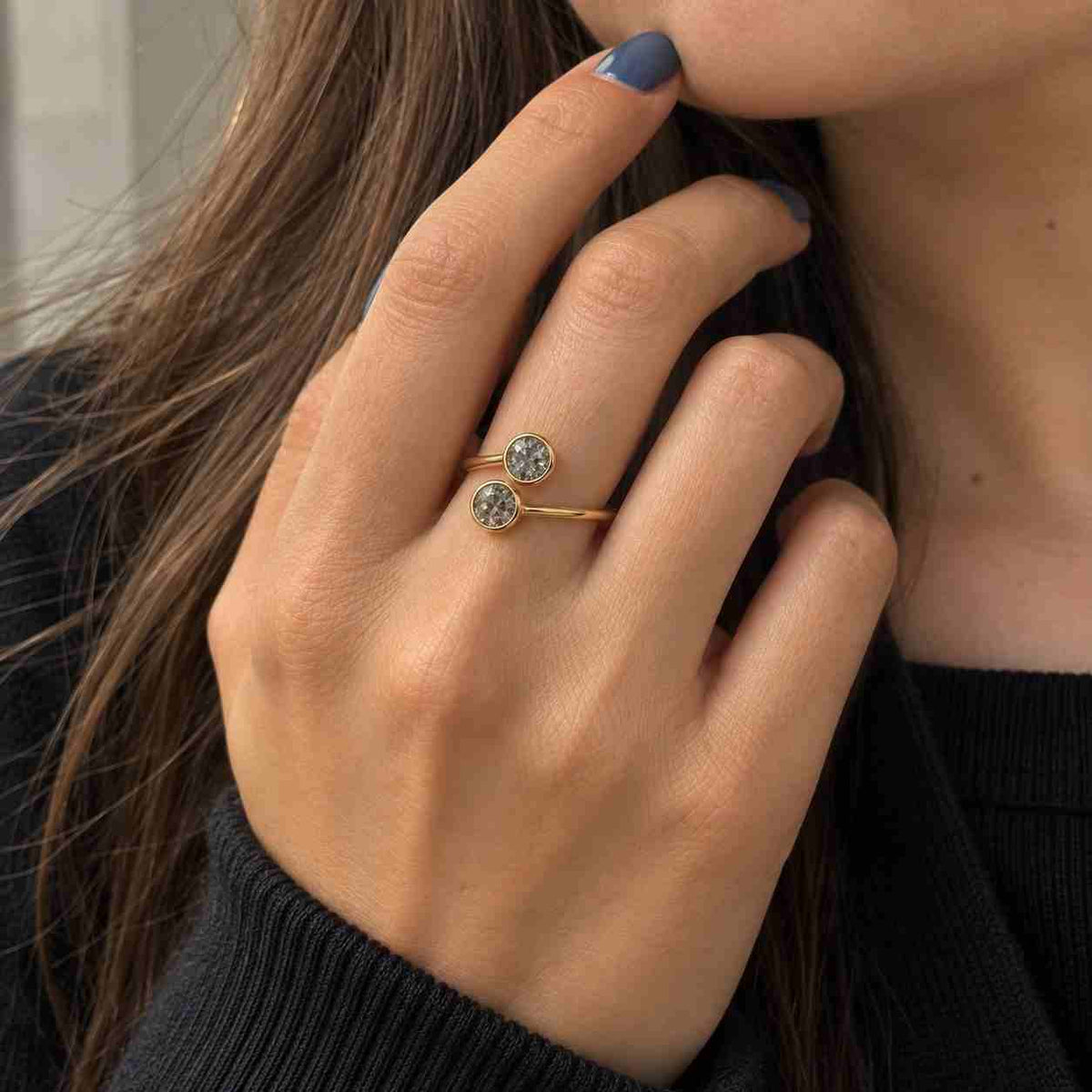 Toi et Moi Ring, Feather Band Wedding Ring, Round Rose Cut Lab Grown Diamond Engagement Ring, 14k Gold Leaf Band Ring, Unique Bridal Ring