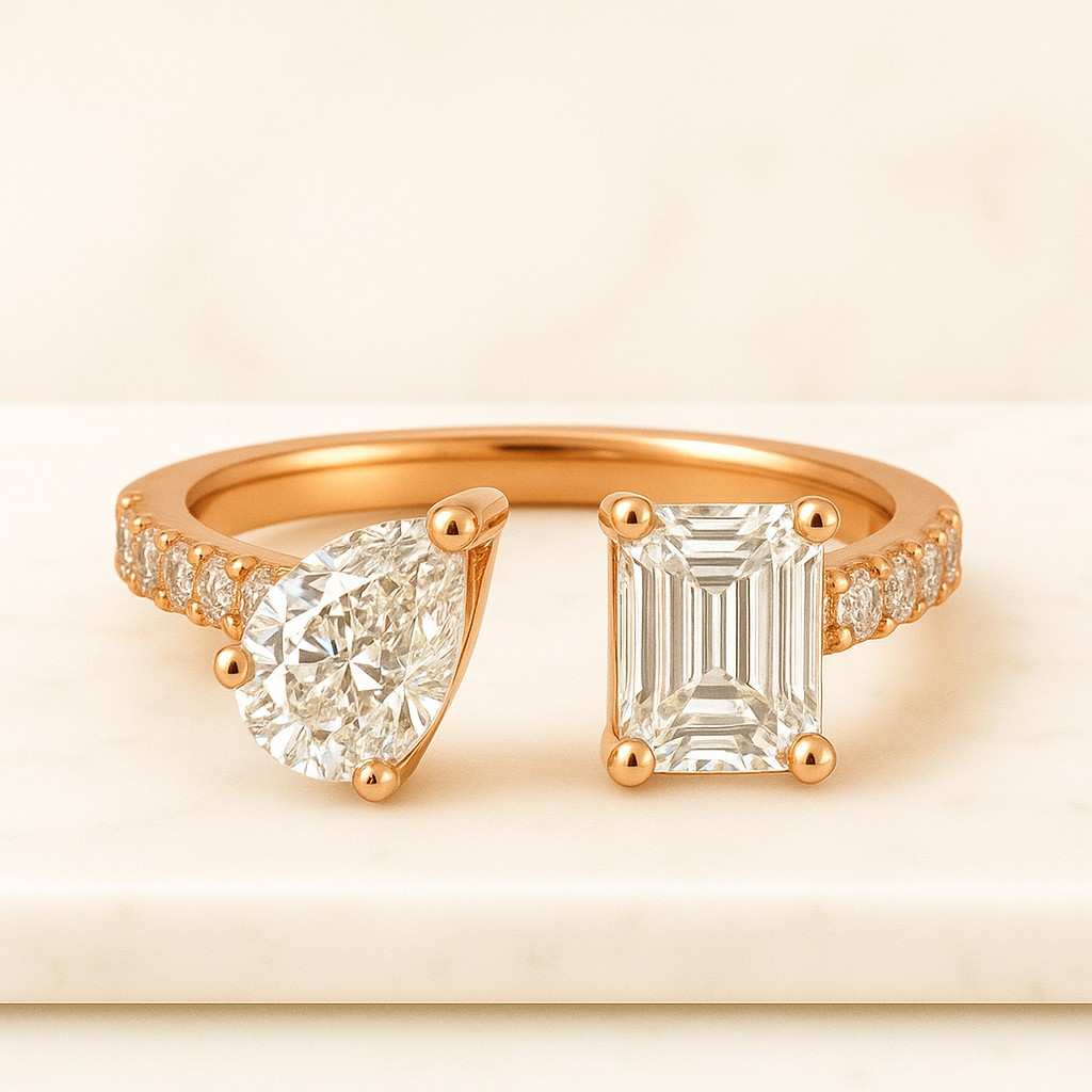 Pink Pear Radiant Cut Toi et Moi Ring in 14K Gold Moissanite Diamond Engagement Ring Ethical Sustainable Bridal Gift