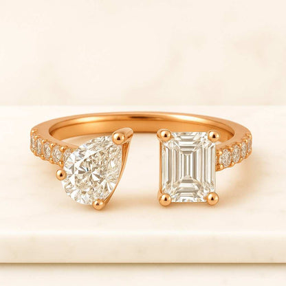 Pink Pear Radiant Cut Toi et Moi Ring in 14K Gold Moissanite Diamond Engagement Ring Ethical Sustainable Bridal Gift