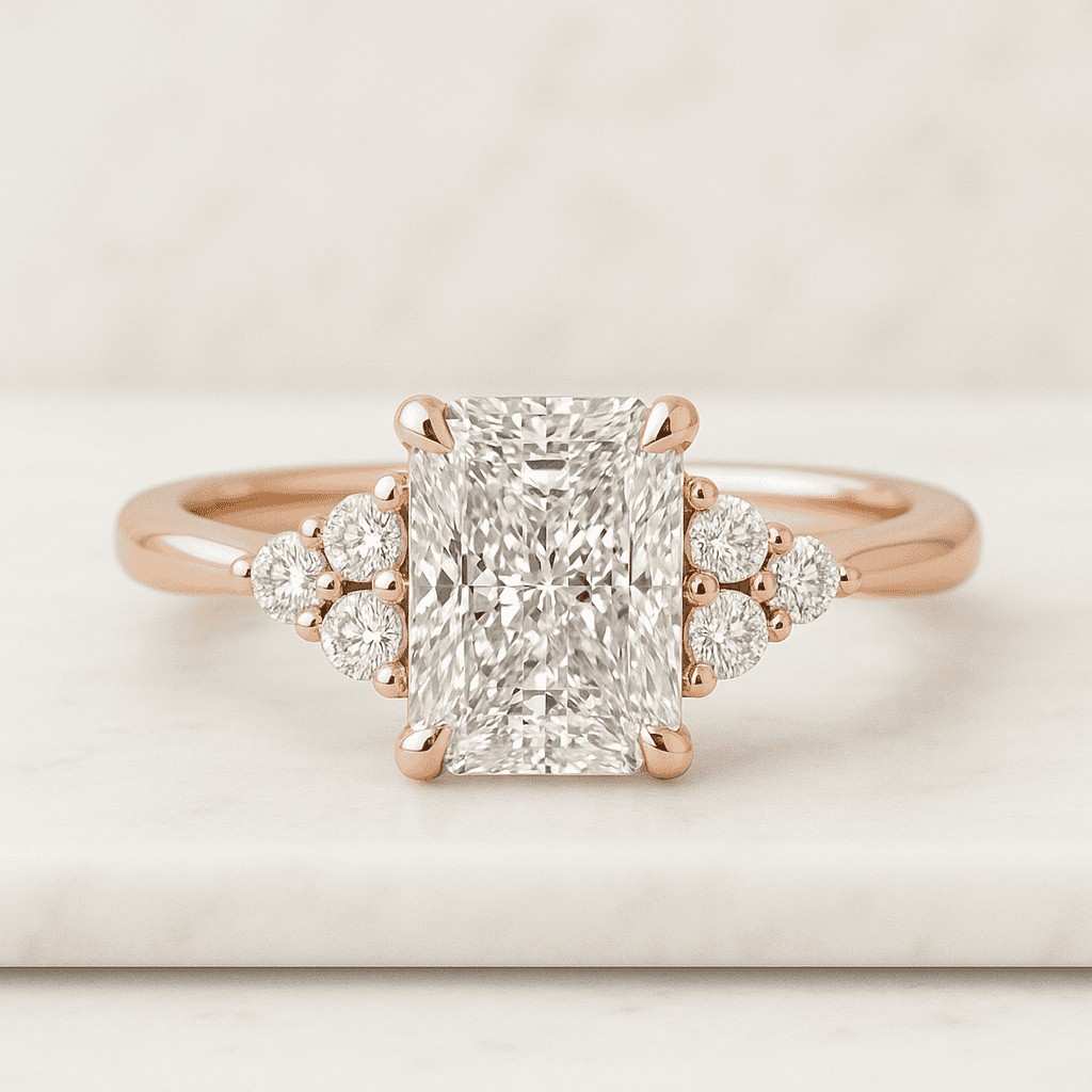 Trendy 925 Sterling Silver Ring Emerald Cut Moissanite Engagement Ring Flush Set Round Side Diamond Ring Solitaire Wedding Ring for Women