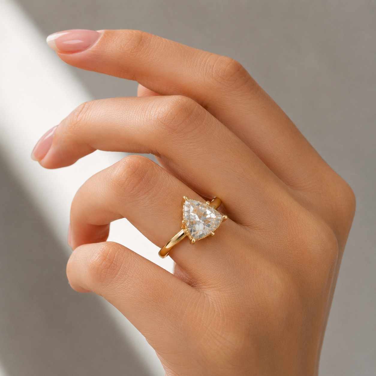 trillion cut lab diamond engagement ring, solitaire engagement ring, half bezel setr triangle diamond ring, 14k gold minimalist ring for her
