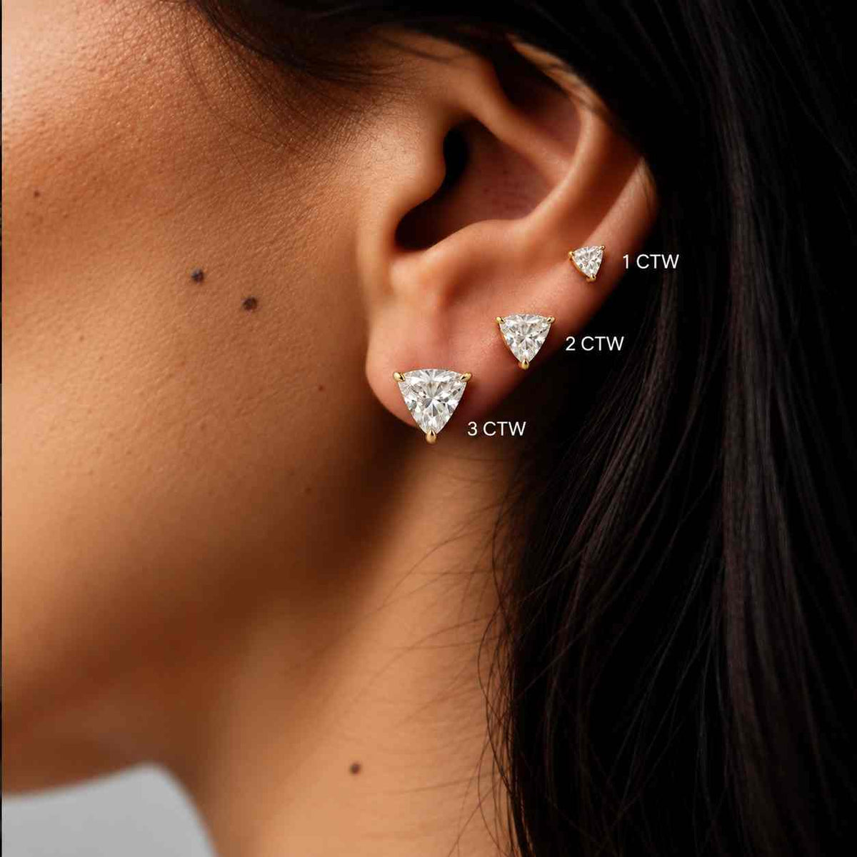 Trillion Cut Lab Grown Blue Diamond Studs, 14K White Gold, Everyday Wear
