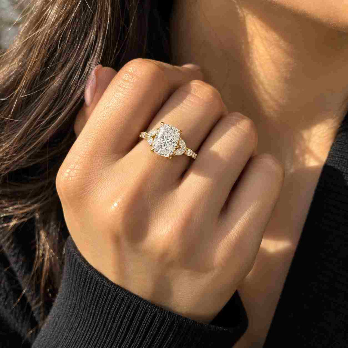 Trilogy Hidden Halo Wedding Ring, Elongated Cushion Cut Lab Grown Diamond Ring, Round Cut Side Stones Ring, 14k Solid Gold Three Stone Ring
