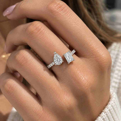 14K Gold Twin Pear Diamond Ring, Lab Grown, Pavé Band
