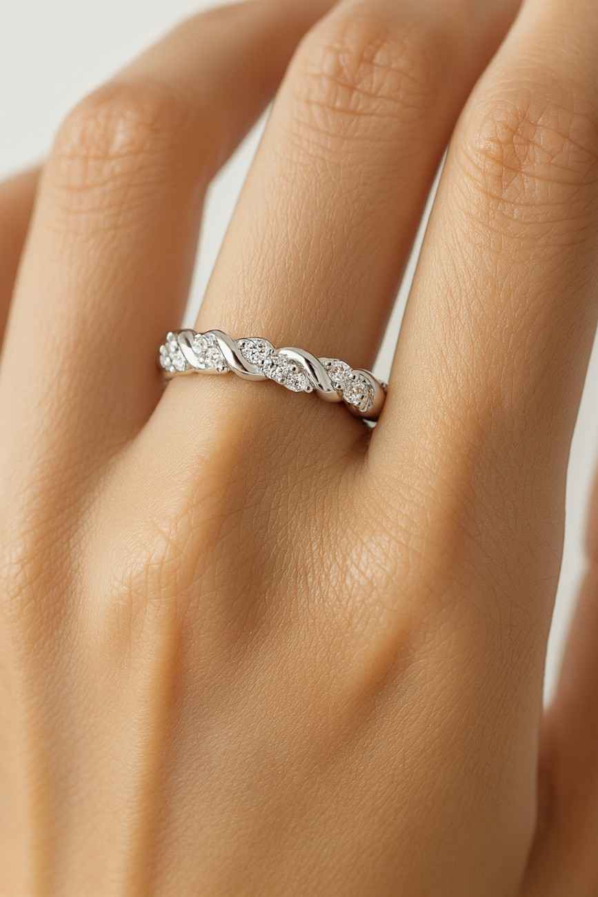 twist eternity moissanite wedding band round brilliant cut matching band for engagement ring twisted spiral crossover anniversary band