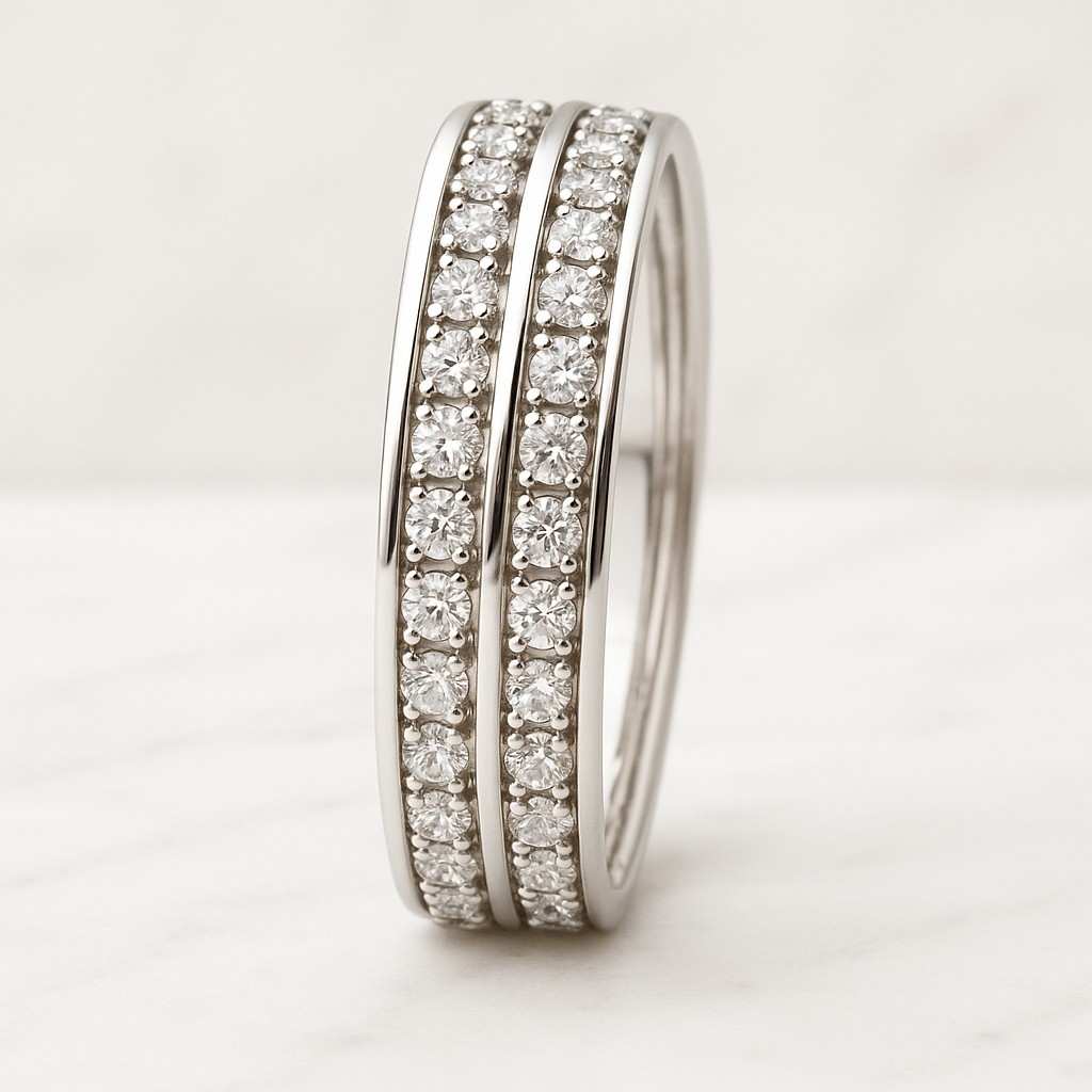 Two Row Wide Anniversary Band Women Double Row Baguette And Round Cut Moissanite Full Eternity Wedding Band