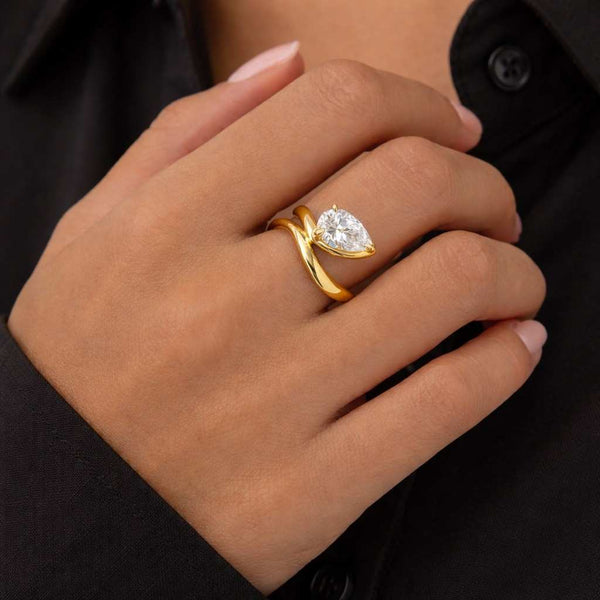 Pear Cut Lab Grown Diamond Solitaire Engagement Ring, Curved Band Anniversary Ring, East West Set Single Pear Ring, Floating Basket set Ring