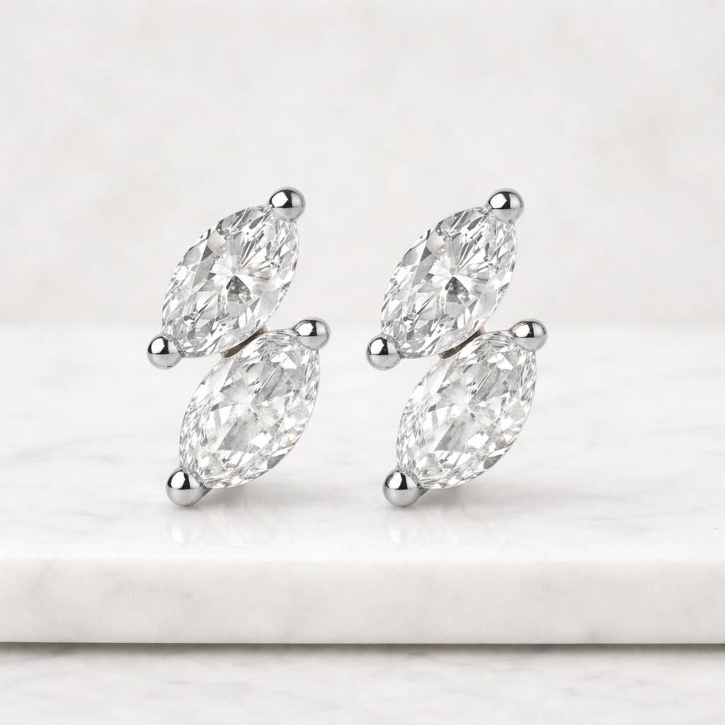 unique 2 marquise diamond toi et moi stud two stone modern bridal wedding minimalist stud unique 14k 18k real gold lab grown diamond earring

