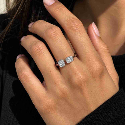 Unique 3.75 Carat IGI CERTIFIED E/VVS2 Emerald Cut Three Stone Lab Diamond Engagement Ring, Side Trapezoids and Hidden Halo, 18k White Gold
