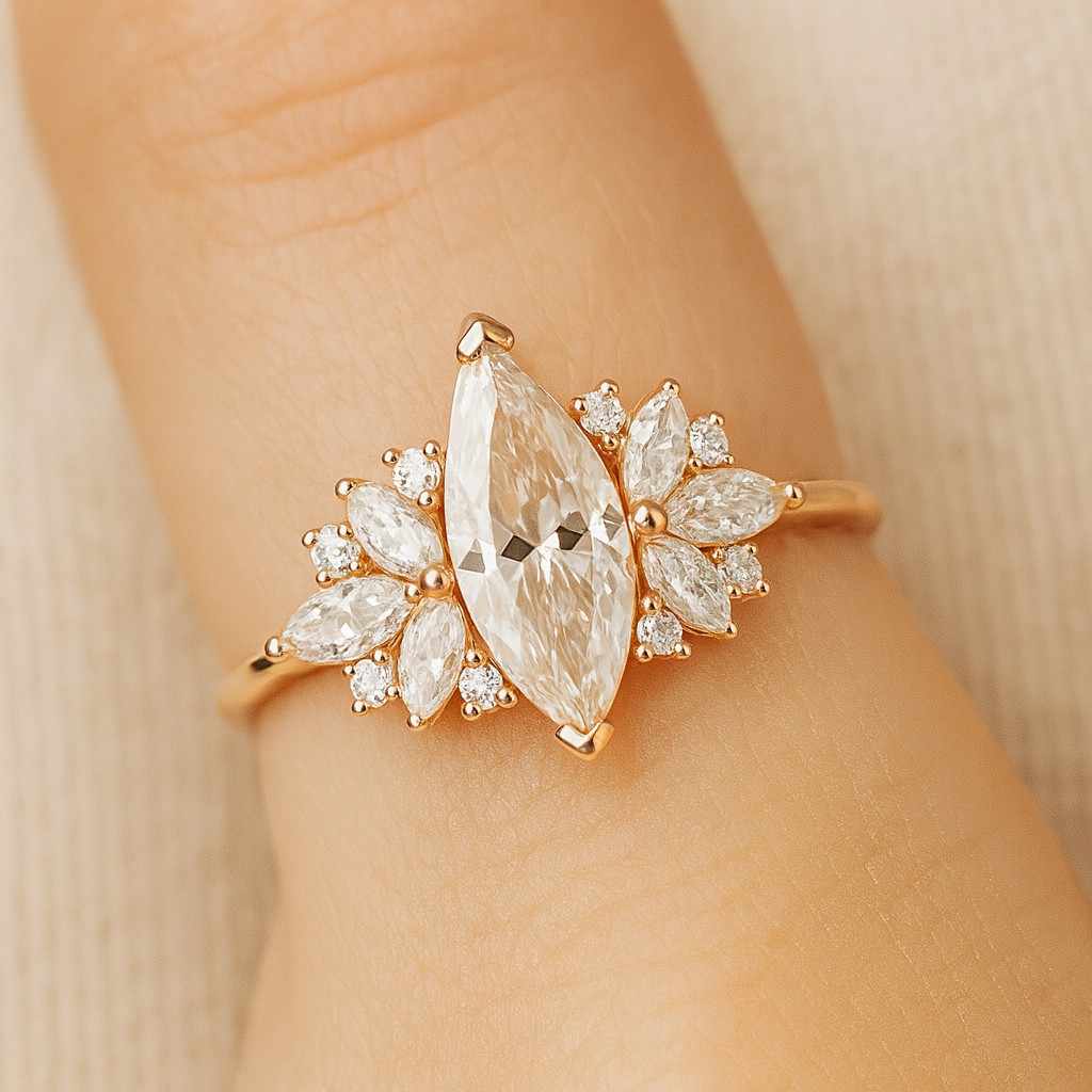 Unique Bridal Set Ring for Her Marquise Cluster Ring Chevron Engagement Ring