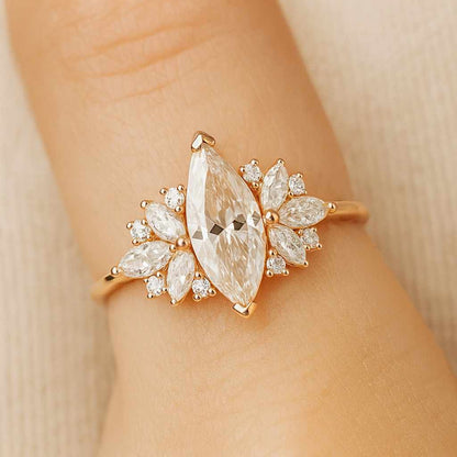 Unique Bridal Set Ring for Her Marquise Cluster Ring Chevron Engagement Ring