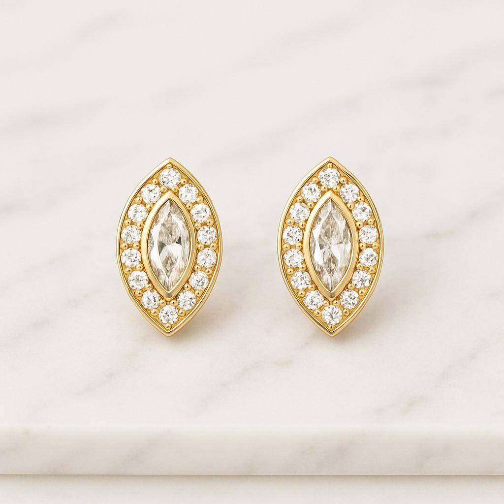 Unique Certified Diamond Cluster Studs Gold Marquise Round Floral Dainty Nature Inspired Wedding Gift Her Promise Anniversary Gift