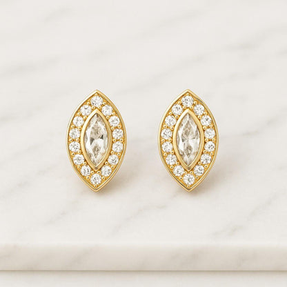 Unique Certified Diamond Cluster Studs Gold Marquise Round Floral Dainty Nature Inspired Wedding Gift Her Promise Anniversary Gift