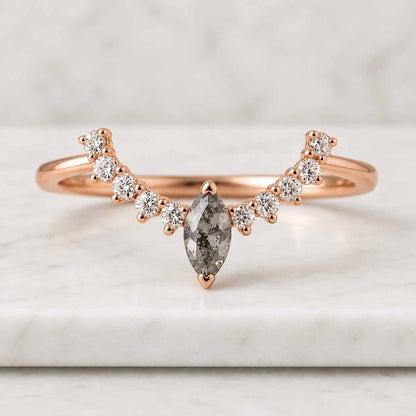 Unique Curved Wedding Band Marquise Cut Rose Gold Diamond Bridal Band Vintage Wedding Ring Moissanite Stacking Matching Chevron Band Custom