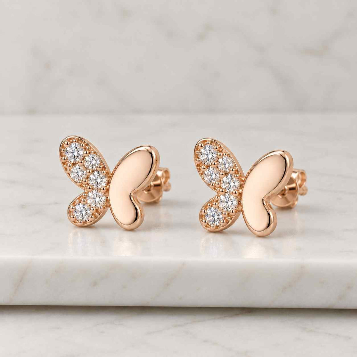 Unique Diamond Butterfly Stud Earrings, 14k Solid Gold Everyday Wear Minimal Jewelry, Round Cut Lab Grown Diamond Earrings - Gift for Her
