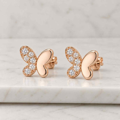 Unique Diamond Butterfly Stud Earrings, 14k Solid Gold Everyday Wear Minimal Jewelry, Round Cut Lab Grown Diamond Earrings - Gift for Her
