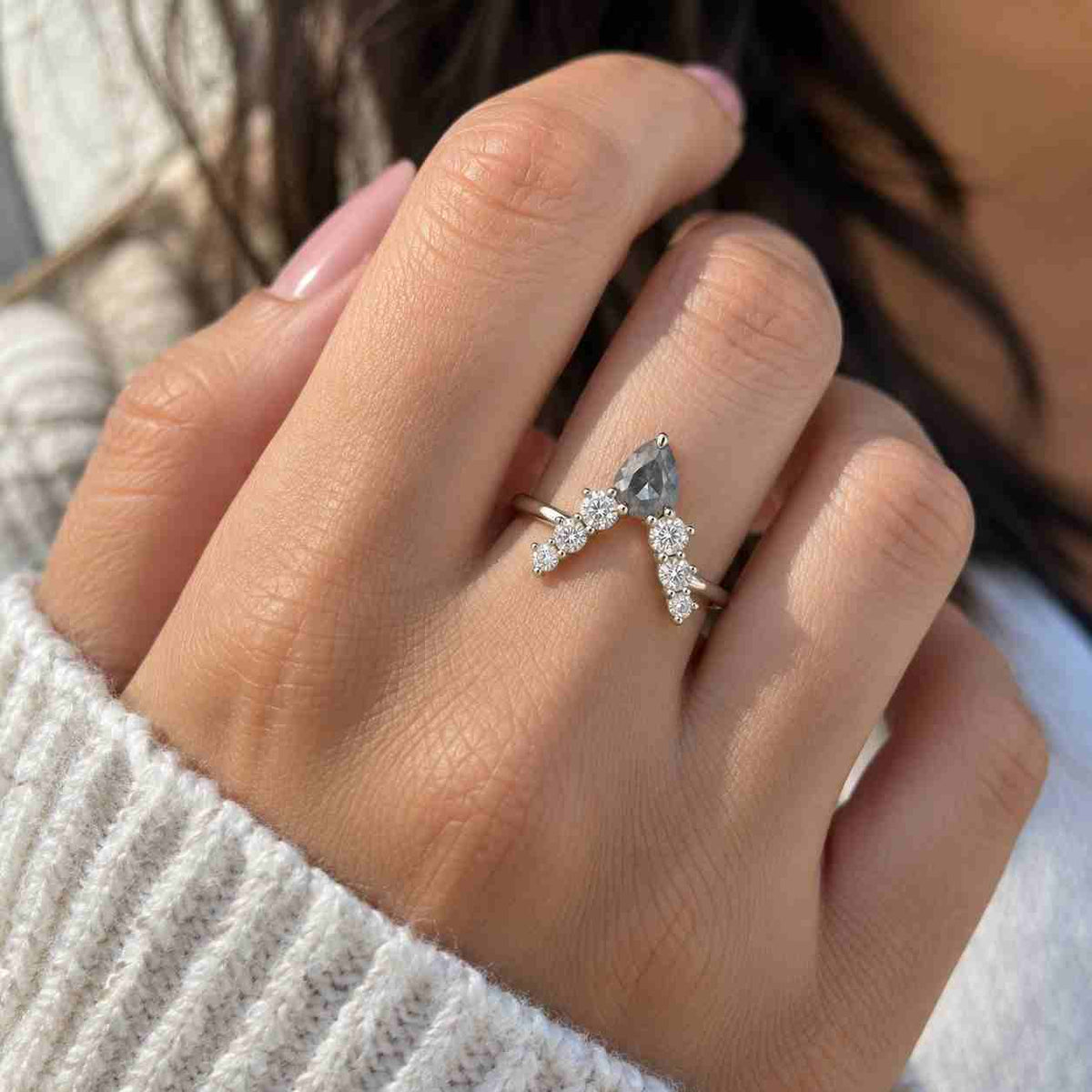 unique kite cut salt pepper diamond engagement ring set rose gold moissanite ring 