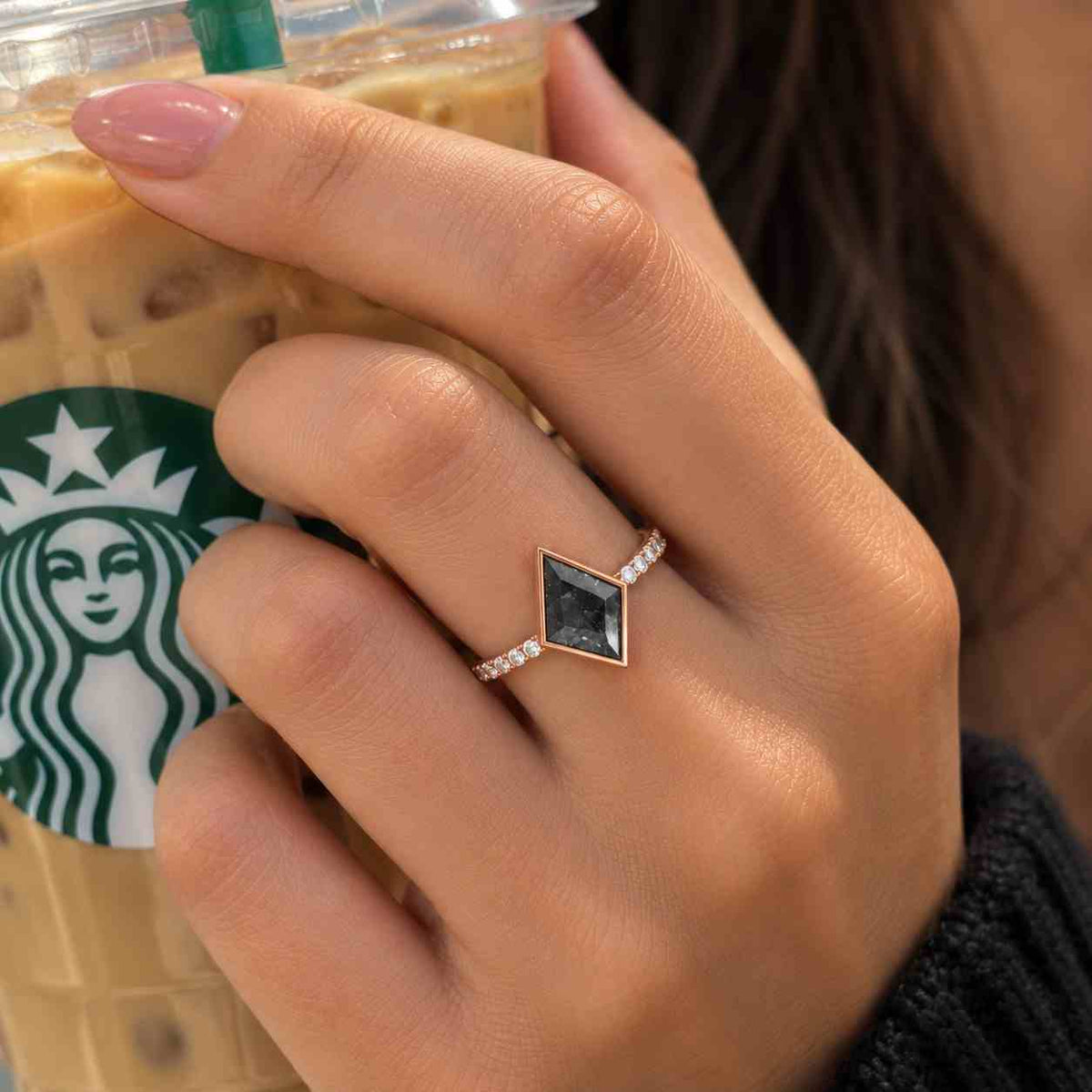 unique kite cut salt pepper diamond engagement ring set rose gold moissanite ring set diamond wedding curved anniversary promise ring