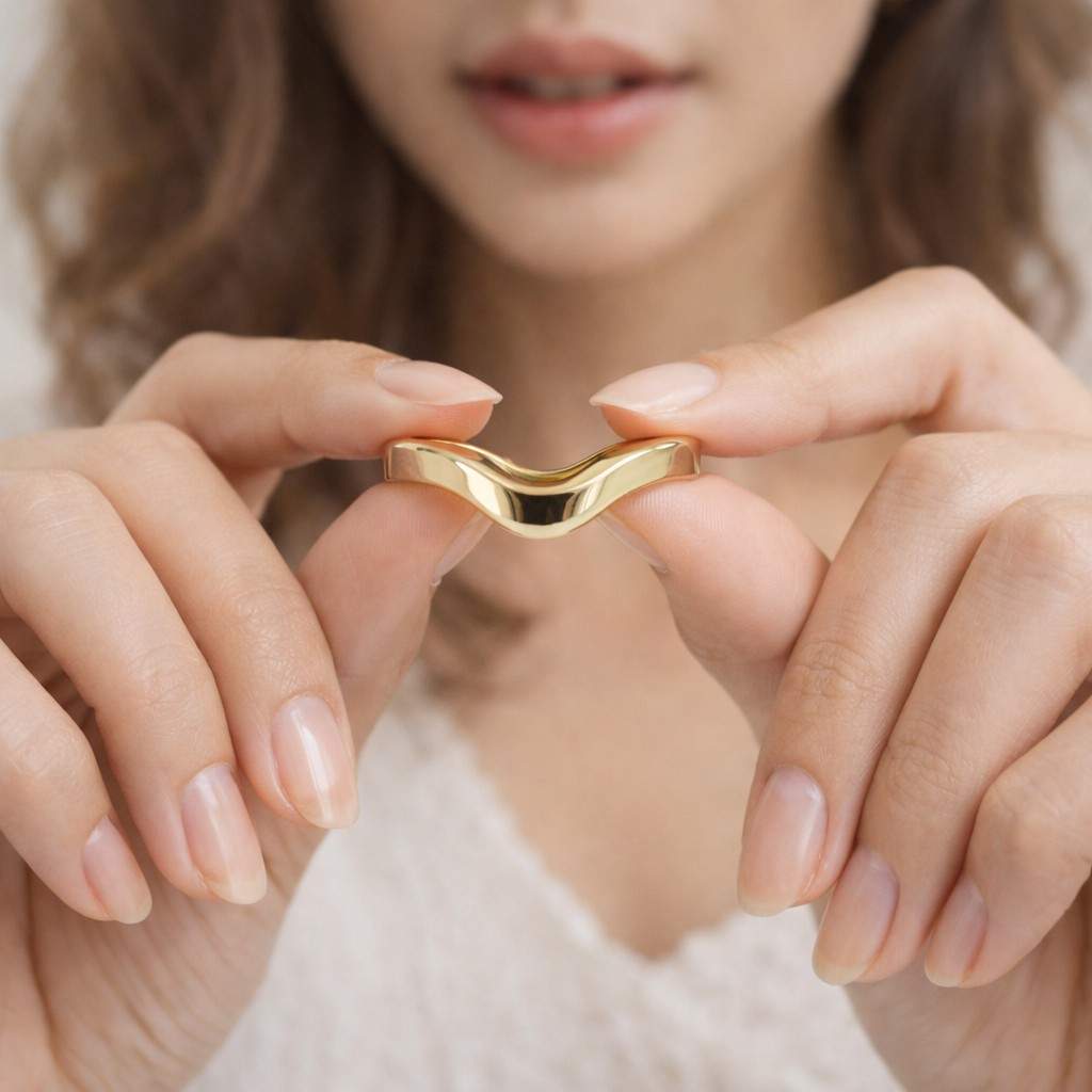 unique moissanite curved wedding band, solid gold round cut stacking ring, personalized matching eve ring for women, minimalist jewelry
