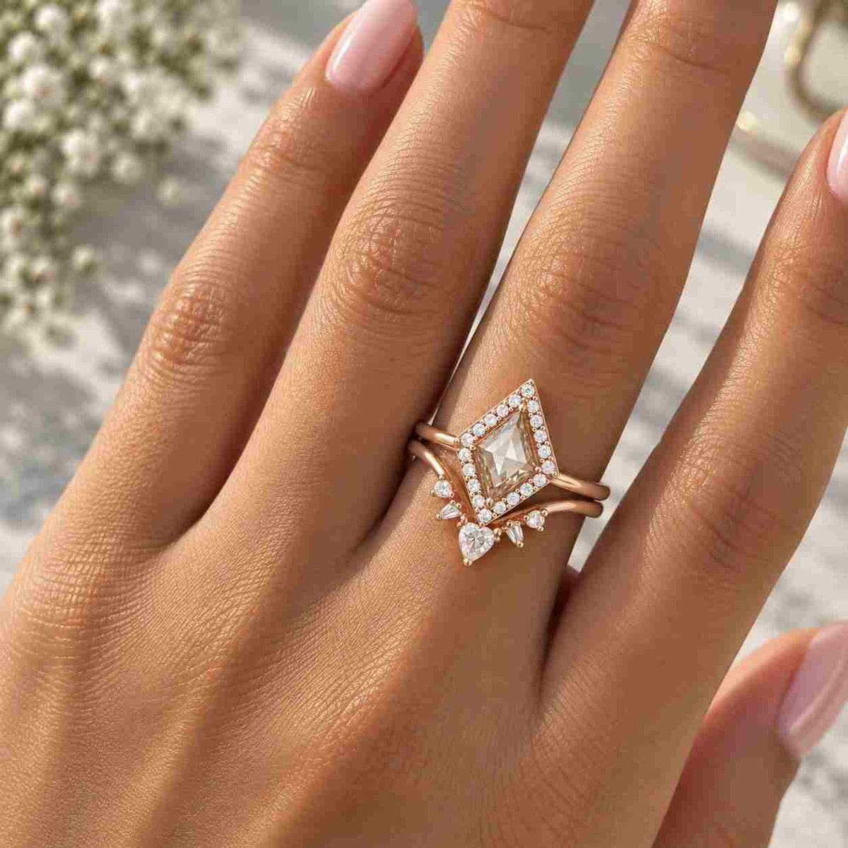 unique salt and pepper diamond engagement ring kite cut ring set rose gold bridal set baguette wedding band stacking ring wedding ring set