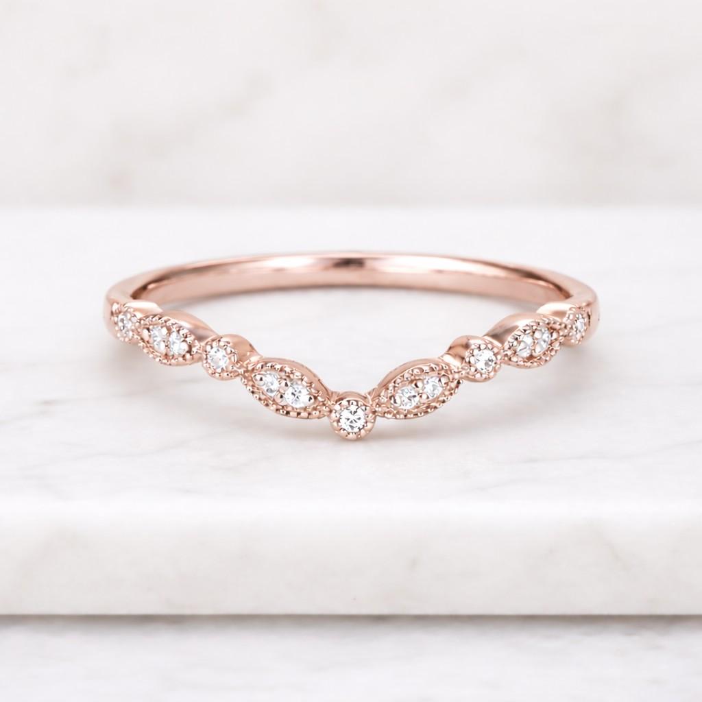 Unique Tiara Style Curved Wedding Band, Round Lab Grown Diamond Engagement Ring, 14k Rose Gold Milgrain Set Vintage Band, Anniversary Gift

