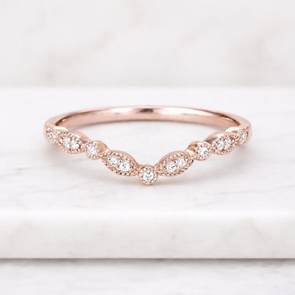 Unique Tiara Style Curved Wedding Band, Round Lab Grown Diamond Engagement Ring, 14k Rose Gold Milgrain Set Vintage Band, Anniversary Gift
