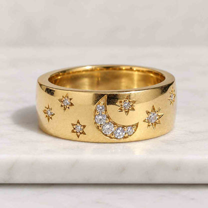 Unique Yellow Gold Men Wedding Band, Diamond Star Design Wedding Ring, Unisex Stacking Ring, His and Hers Ring, Anniversary Rings For Men
